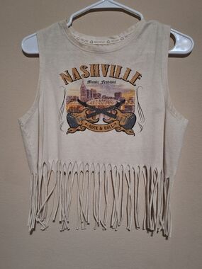 Nashville Fringe Crop Tank - Cream with Yellow & Black Graphic
